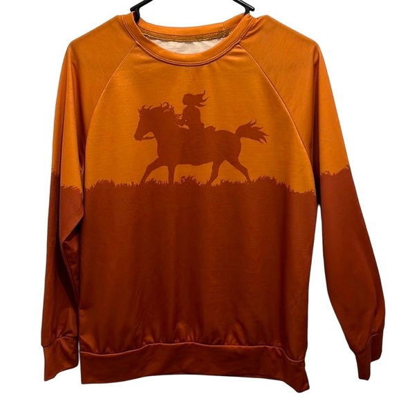 Sweaters - Horse Running Orange Western Long Sleeve Sweatshirt Women’s Medium